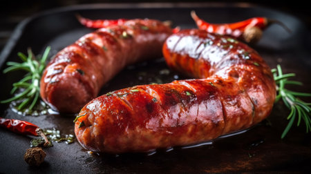 Grilled sausages with rosemary and spices on a dark backgroundの素材