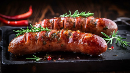 Grilled sausages with rosemary and spices on wooden backgroundの素材