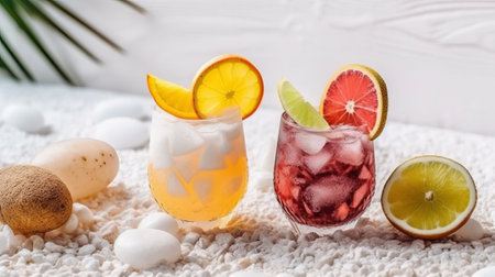 Cocktails with lemon, orange and grapefruit on white backgroundの素材