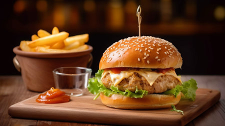 Cheese burger - American cheese burger with Golden French fries on wooden boardの素材