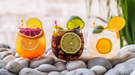 Cocktails with lemon, orange, grapefruit, lime and iceの素材