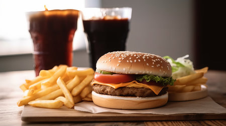 Delicious cheeseburger with french fries and cola on tableの素材