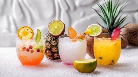 Colorful cocktails with ice and fruit on a white background. Alcoholic drinks.の素材