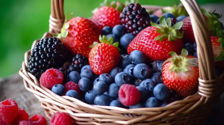 Strawberries and blueberries in a basket on a wooden tableの素材