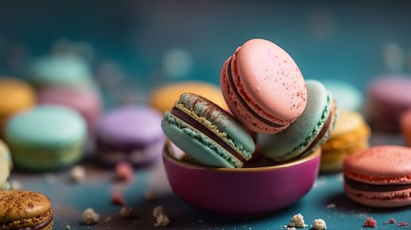 Colorful macaroons on blue background. Selective focus.の素材