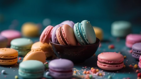 Colorful macaroons on a blue background. Selective focus.の素材