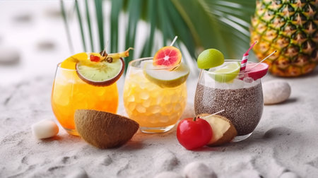 Glasses of tasty cocktails with fruits on white sand, closeupの素材