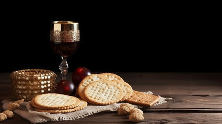 Still life with wine and crackers on wooden table against black backgroundの素材