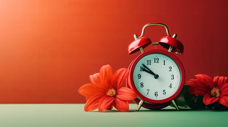 Alarm clock and flowers on green and red background. Copy space.の素材