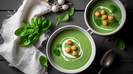 Spinach cream soup with croutons on black wooden backgroundの素材