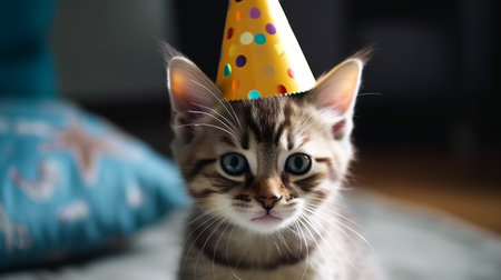 Cute little kitten with birthday hat on blurred background, closeupの素材