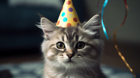 Cute siberian kitten in party hat on blurred background.の素材