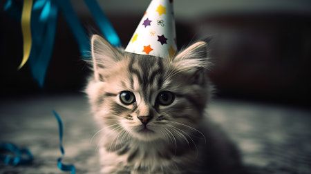 Cute kitten with birthday hat and streamers on the floor.の素材