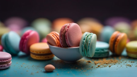 Colorful macaroons on a blue background. Selective focus.の素材