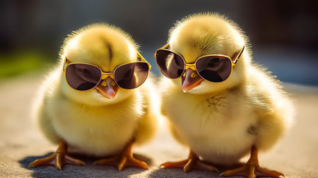 Cute little yellow duckling with sunglasses on a sunny day.の素材