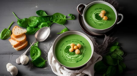 Spinach cream soup in a bowl on a black wooden backgroundの素材