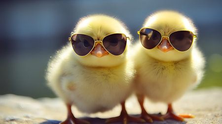 two yellow ducklings with sunglasses close-up on a blurred backgroundの素材