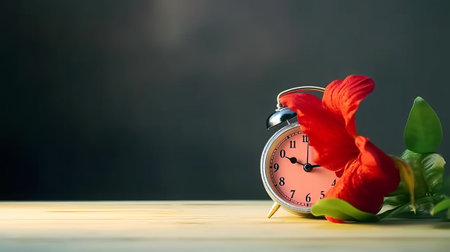 Alarm clock and red flower on wooden table with copy space.の素材