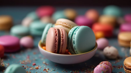 Colorful macaroons in a bowl on a blue background.の素材