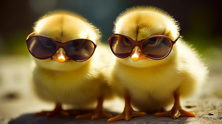 two little yellow duckling with sunglasses on the head in the parkの素材
