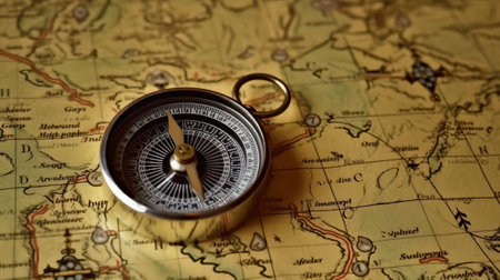 Compass on old map. Vintage style. Selective focus.の素材