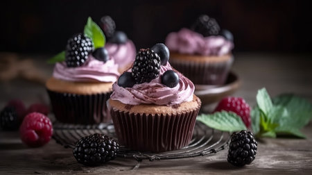 Cupcakes with blackberries and raspberries on wooden backgroundの素材