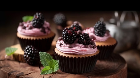 Cupcakes with blackberries and mint on a wooden background.の素材