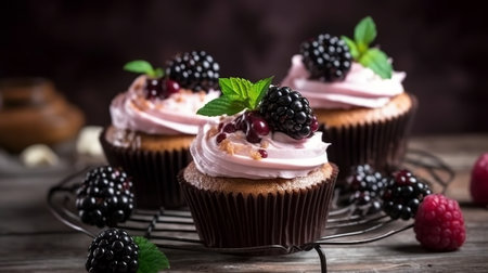 Cupcakes with fresh berries on a wooden background. Selective focus.の素材