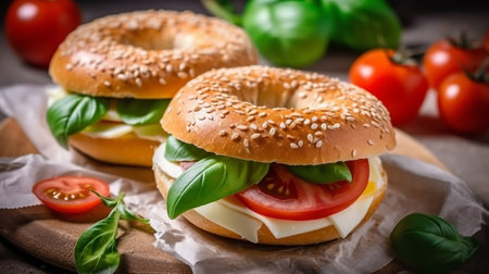 Bagel with cheese, tomato and basil on a wooden backgroundの素材