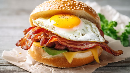 Burger with fried egg and bacon on wooden table, closeupの素材
