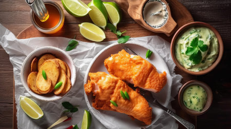 Crispy fish and chips with lime and sauce on wooden backgroundの素材