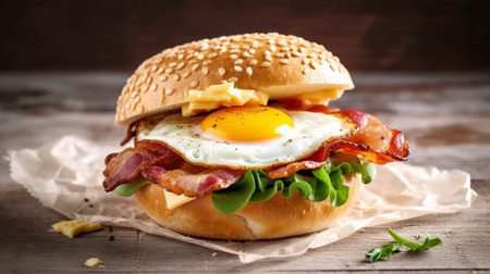 Burger with fried egg, bacon and lettuce on a wooden backgroundの素材