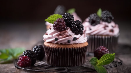 Cupcakes with blackberries and mint on a wooden background.の素材