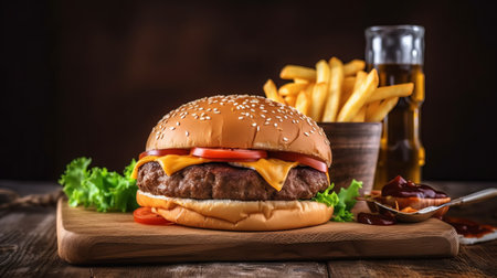 Cheese burger - American cheese burger with Golden French fries and ketchupの素材