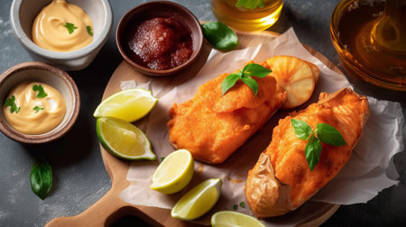 Breaded fish fillet with sauce, lime and herbs on wooden boardの素材