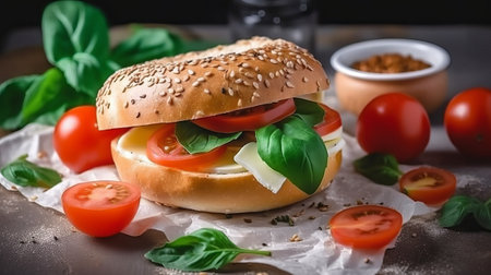 Sandwich with cheese, tomatoes and basil on a dark background.の素材