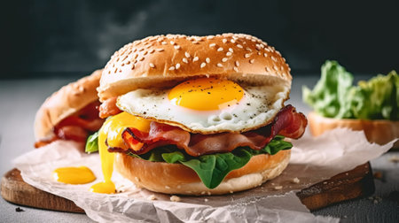 Hamburger with fried egg, bacon and salad on dark backgroundの素材