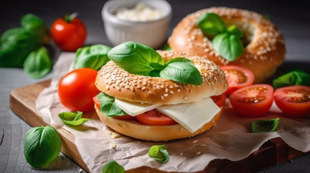 Bagels with cheese, tomatoes and basil on a wooden boardの素材