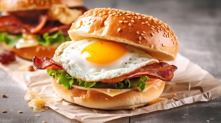 Hamburger with fried egg and bacon on wooden table, closeupの素材