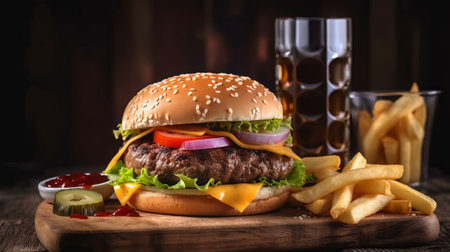 Cheese burger - American cheese burger with Golden French fries and ketchupの素材