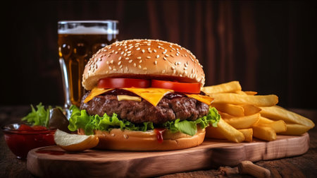 Cheese burger - American cheese burger with Golden French fries and fresh saladの素材