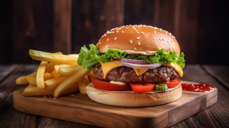 Cheese burger - American cheese burger with Golden French fries on wooden backgroundの素材