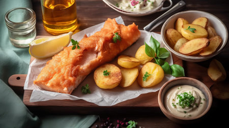 Fish and chips with tartar sauce on a wooden board, horizontalの素材