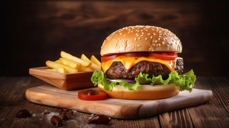 Cheese burger - American cheese burger with Golden French fries on wooden backgroundの素材