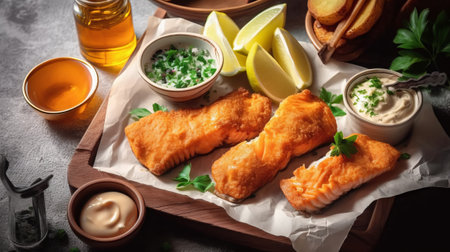 Fish and chips with tartar saucennaise and limeの素材
