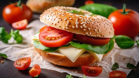 Homemade hamburger with fresh vegetables and cheese on a dark backgroundの素材