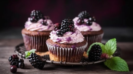 Homemade cupcakes with blackberries and blueberries on wooden backgroundの素材