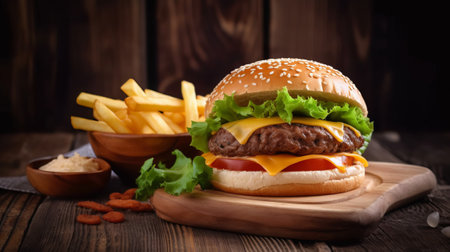 Cheese burger - American cheese burger with Golden French fries on wooden backgroundの素材