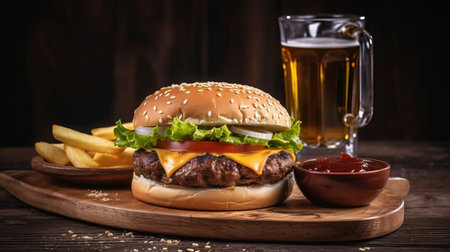 Cheese burger - American cheese burger with Golden French fries and a glass of beerの素材