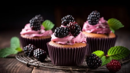 Cupcakes with blackberries and cream on a wooden background.の素材